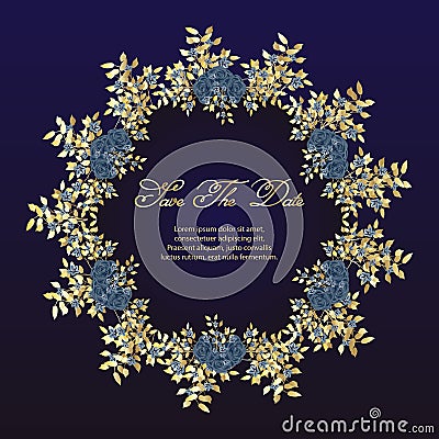 wedding cards Flower frame of roses - greeting card. navy blue and gold concept. Vector illustration. Vector Illustration